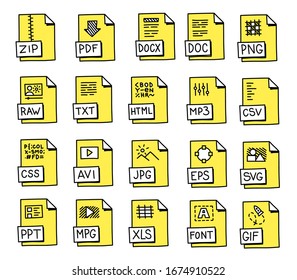 Yellow hand drawn Icons for popular file and document formats. File label sketch. Cartoon vector white and black outline line.