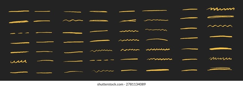 Yellow hand drawn lines, pencil, crayon and brush strokes on black background. Creative sketch elements, artistic texture set for design, highlight marks, doodles, notes and decoration. Vector art
