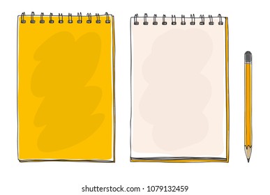 yellow hand drawn notebook and pencil cute art vector illustration