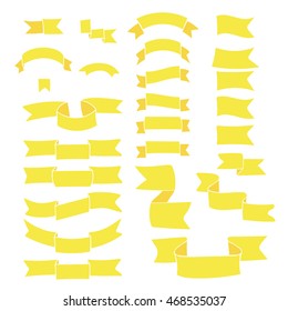 Yellow hand drawn ribbons, big set of design elements banners, labels isolated on white background. Vector Illustration.