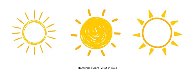 Iconos de sol dibujados a mano amarillos sobre fondo blanco. Conjunto de elementos de verano. Ilustración vectorial