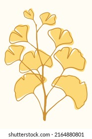 Yellow hand drawn of twig of ginkgo biloba tree isolated on white, Hand drawn yellow ginkgo biloba leaf, Hand drawn yellow japanese vector flower