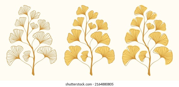 Yellow hand drawn of twig of ginkgo biloba tree isolated on white, Hand drawn yellow ginkgo biloba leaf, Hand drawn yellow japanese vector flower