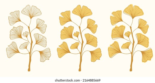 Mano amarilla dibujada de ramera de árbol de biloba de ginkgo aislado en blanco, hoja de biloba de ginkgo amarillo dibujada a mano, flor vectorial japonesa amarilla dibujada a mano