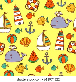yellow hand drawn  vector childish nautical pattern 