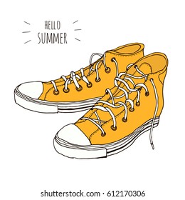 Yellow hand drawn vintage hipster sneakers isolated on white background. Vector illustration, sketch style shoes, fashion design icon. Hello summer.