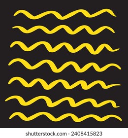 Yellow Hand drawn wavy Lines, pattern Vector Illustration Template Design in black background