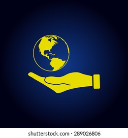 Yellow Hand holding Globe earth icon  on a blue background