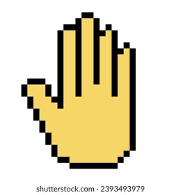 Yellow hand line icon. Stop gesture, sign language, finger, emoji, chatting, correspondence, pixel style. Multicolored icon on white background