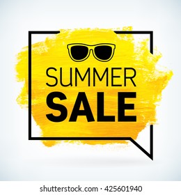 Yellow hand paint artistic dry brush stroke with business text in speech bubble. Watercolor acrylic summer sale background for print, web design and banners. Realistic vector texture.