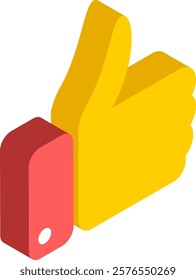 Yellow hand with red sleeve giving thumbs up in isometric view expressing positive feedback, agreement, approval, or liking, representing satisfaction and positive reaction