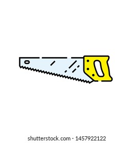 Yellow hand saw line icon. Wood work carpentry sawing tool symbol. Vector illustration.