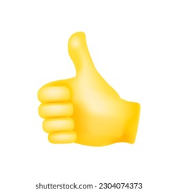 Yellow hand thumbs up. Yellow hand made of plasticine, 3d, cartoon realism. Gesture of approval. Vector illustration isolated on white background.