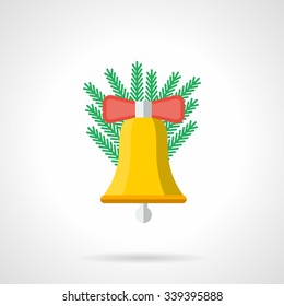 Yellow handbell with red bow and Christmas tree branch. Flat color style vector icon. Christmas decorations. Buttons and design elements for website, mobile app, business. 