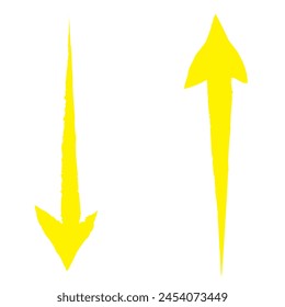 Yellow hand-drawn brush stroke arrow isolated on a white background.
