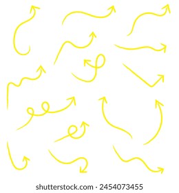 Yellow hand-drawn brush stroke arrow isolated on a white background.

