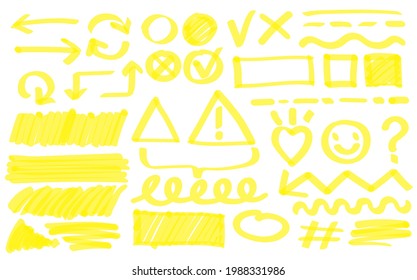 Yellow hand-drawn doodle drawings vector illustration set. Scribble arrow, circle, heart, lines underline icons drawing with permanent highlight marker. Sketch concept