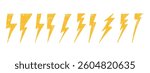 Yellow Hand-drawn lightning bolt with electric flash, thunder energy icon in doodle sketch style, glowing light symbol. Flat vector illustration isolated on white background.