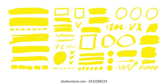 Yellow hand-drawn shapes and lines, highlighters. Vector set. Isolated on white background.