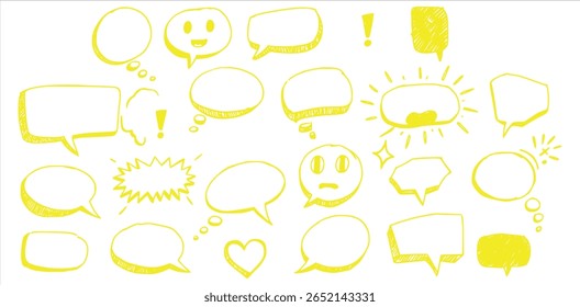 Yellow hand-drawn speech bubbles and chat icons set – playful sketch-style vector collection for communication, messaging, social media, and dialogue illustrations

