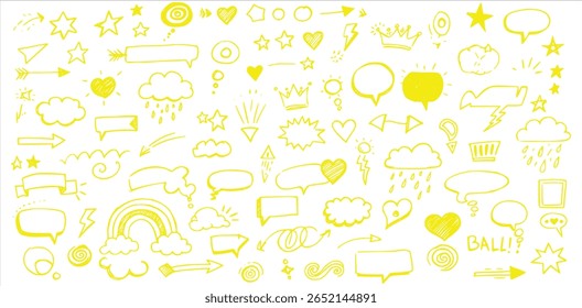 Yellow hand-drawn speech bubbles and comic symbols – sketch-style vector set for messaging, pop art, dialogue, emoji, and chat illustrations

