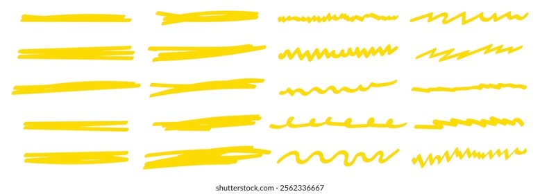 Yellow Hand-Drawn Underline set. Yellow underline marker set on white background. Vector illustration.