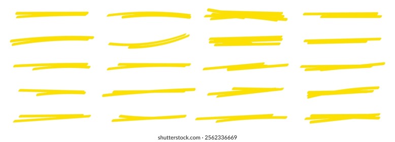 Yellow Hand-Drawn Underline set. Yellow underline marker set on white background. Vector illustration.