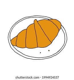 A Yellow hand-drawn vector illustration of a croissant on a plate isolated on a white background