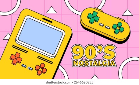 Yellow handheld gaming console and controller with a pink grid background and bold “90’s nostalgia” typography  for retro gaming, vintage tech background illustration or poster