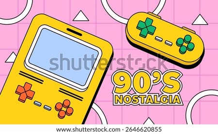 Yellow handheld gaming console and controller with a pink grid background and bold “90’s nostalgia” typography  for retro gaming, vintage tech background illustration or poster