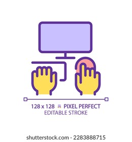 Yellow hands with computer RGB color icon. Person working on PC. Electronic equipment for work and hobby. Typing on keyboard. Isolated vector illustration. Simple filled line drawing