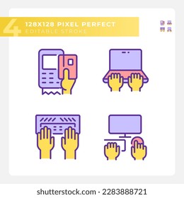 Yellow hands using devices RGB color icons set. Opportunity for technology users. Computing development process. Isolated vector illustrations. Simple filled line drawings collection