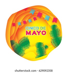 Yellow Happy Cinco de Mayo Greeting card. Origami Mexican succulents,flags. Mexico, Carnival. Paper cut Desert Cave Landscape. Cactus. Vector illustration.