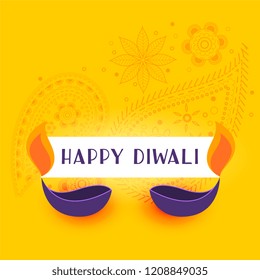 yellow happy diwali background with two diya