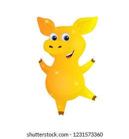 Yellow happy funny dancing gold pig. Symbol of 2019. Happy New Year. Chinese new year. Vector cartoon character on white background.