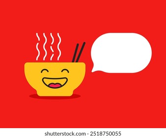 yellow happy kawaii like ramen bowl icon. abstract trend modern graphic design soup logotype element isolated on red. concept of fresh and delicious asian japanese cuisine for take away or takeaway