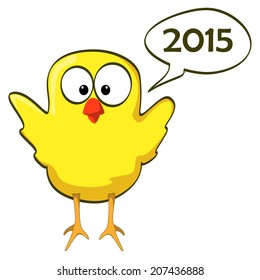 Yellow happy little bird with speech bubble for happy new year 2015. Vector illustration.