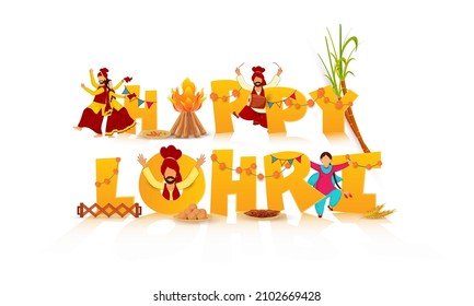 Yellow Happy Lohri Font With Bonfire, Sugarcane, Music Instrument, Sweet Plates, Wheat Ear And Punjabi People Doing Bhangra On White Background.