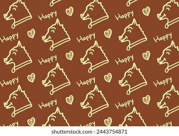 Yellow Happy Love Dog Brown Background Seamless Pattern