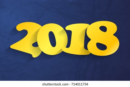 Yellow Happy New Year 2018 on a blue vector background paper layer. Vector illustration of date 2018 year.