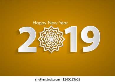 Yellow Happy New Year 2019 concept with paper snowflake. Vector illustration