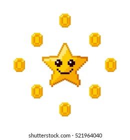 yellow happy pixel star with gold coins around. Video game interface design. Colorful design. vector illustration