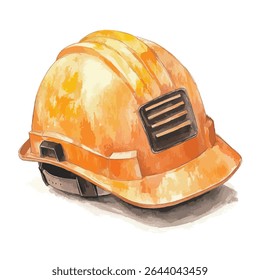 A yellow hard hat with a dark chin strap is depicted in a watercolor style illustration, casting a shadow.