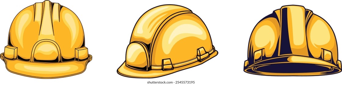 Yellow hard hat with different view angles. Safety construction helmet set with various view or composition, construction safety industry hat protective. Worker Hat isolated on white background