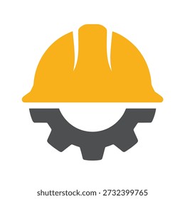 Yellow hard hat and gray gear icon for construction or industry safety symbol icon
