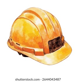 A yellow hard hat is illustrated in a watercolor style, featuring a dark brown detail on its side, showcasing construction safety gear.