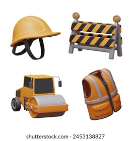 Yellow hard hat, mobile barricade, road roller, orange vest