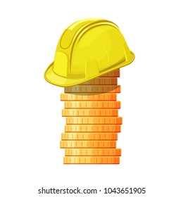 Yellow hard hat on stack of coins. Vector isolated illustration