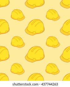 Yellow hard hat seamless pattern isolated on orange background. Contour lines style. Vector illustration of a building helmet. Construction helmet seamless pattern.