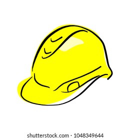 yellow hard hat vector illustration sketch hand drawn with black lines isolated on white background